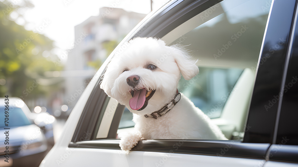 Happy Bichon Frise dog with his tongue hanging out leans out of a white car window. Travel with pets, The background is smooth. Happy Bichon Frise dog with his tongue hanging out leans out of a white car window. Travel with pets, The background is smooth.