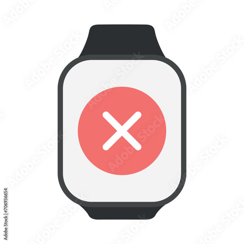 Rectangle smart watch with cancel red button. Rejected payment icon on screen. Vector