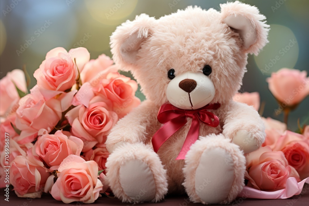 Charming Teddy Bear with a Bouquet of Roses. The Perfect Token of Affection for Special Occasions Charming Teddy Bear with a Bouquet of Roses. The Perfect Token of Affection for Special Occasions