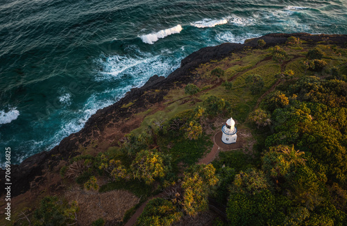 Aerial view of Fingal Head cliffs and lighthouse  photo