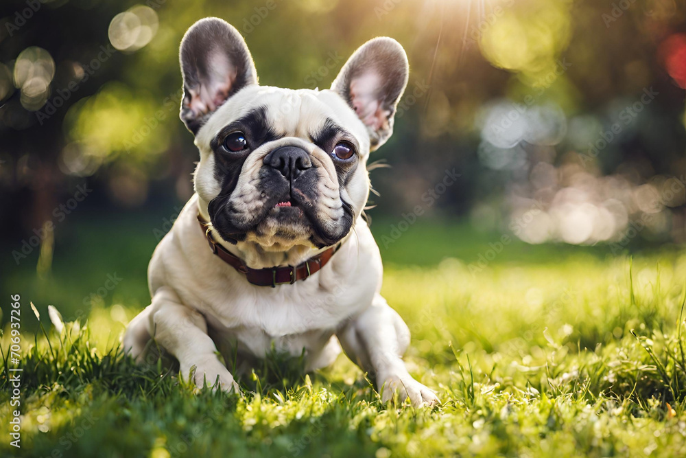 A French Bulldog enjoying a sunny day in a park or garden