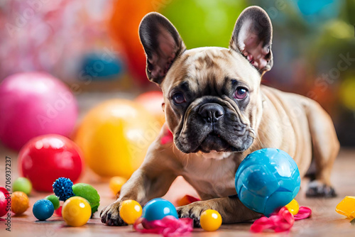 A French Bulldog playing with a toy in a vibrant and colorful setting