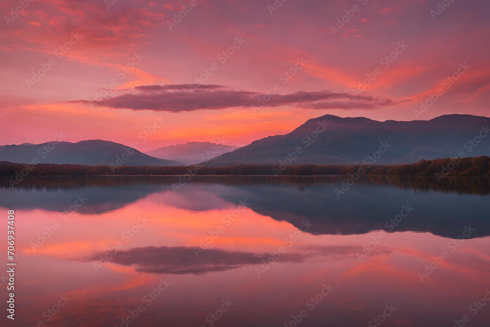 A sunset over a calm lake, with the sky painted in hues of orange and pink