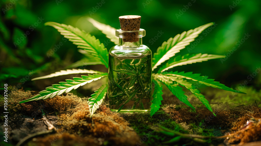 Glass bottle with hemp oil. Medicinal properties of marijuana. Close-up of cannabis extract for smoking. Glass bottle with hemp oil. Medicinal properties of marijuana. Close-up of cannabis extract for smoking.
