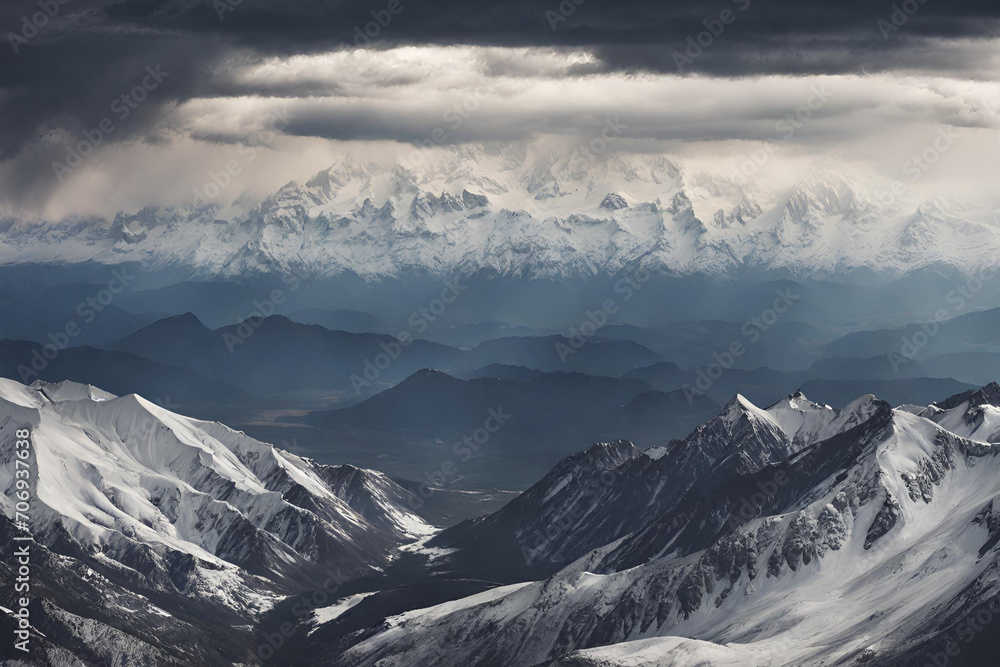 Vast Mountain range with snow-capped peaks and tornado
