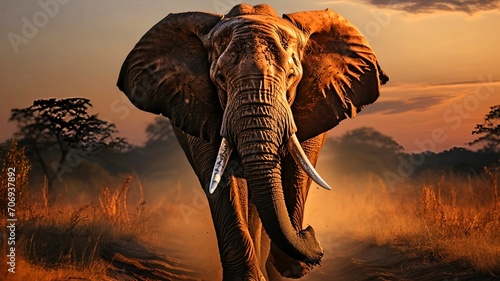 Huge tusker running in the evening. Generative AI.