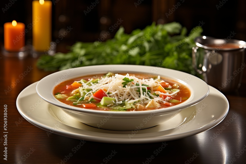 Delicious Italian Minestrone Soup. Appetizing Dish with Copy Space for Advertisement Delicious Italian Minestrone Soup. Appetizing Dish with Copy Space for Advertisement