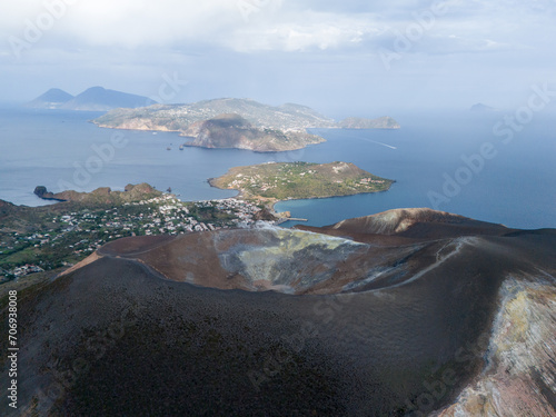 Aerial View of Volcano Island. Vulcano Port. Lipari Eolie Islands, Tyrrhenian Sea. Sicily, Italy.