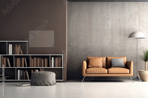 Möbel vor verschieden farbenen Wänden, minimalistisch eingerichtet. photo