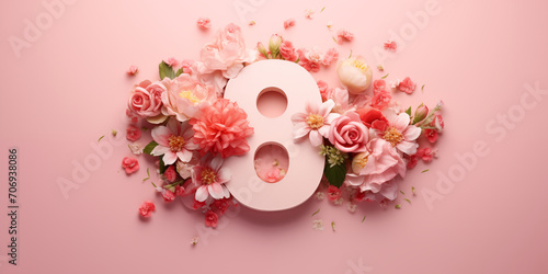 A festive banner with flowers and the number 8. Celebrating International Women's Day. photo