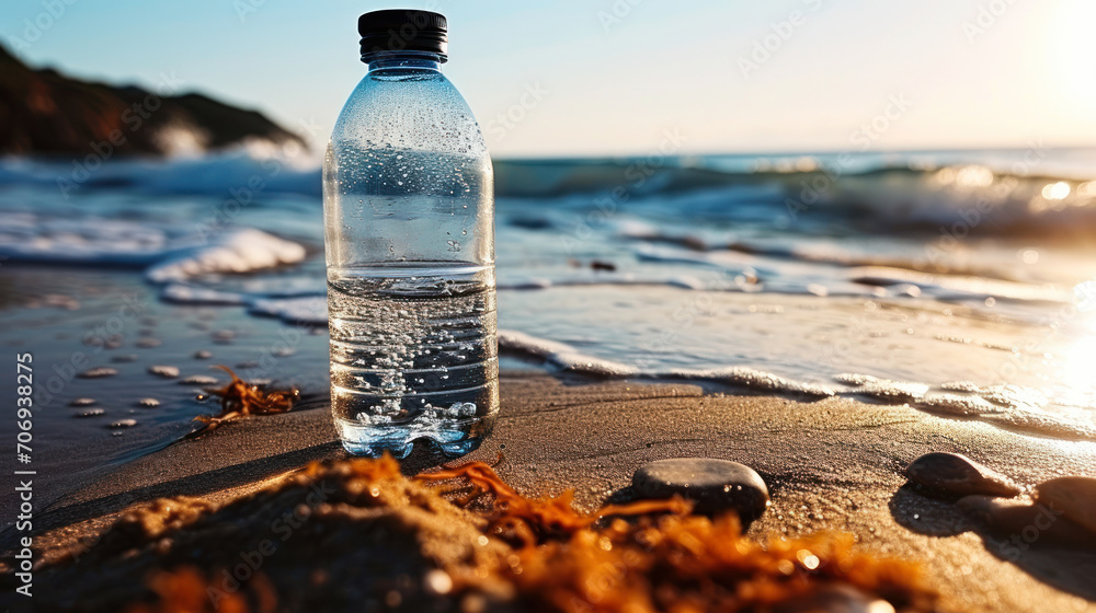 Transparent reusable water bottle on sandy beach with ocean backdrop emphasizing environmental awareness and sustainable lifestyle choices Transparent reusable water bottle on sandy beach with ocean backdrop emphasizing environmental awareness and sustainable lifestyle choices