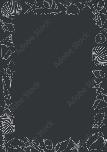 Seashells outline frame vector with chalk on a black board. One line drawing of a shell. Vertical frame border with hand drawn marine illustrations of seashells. Summer tropical ocean beach style.