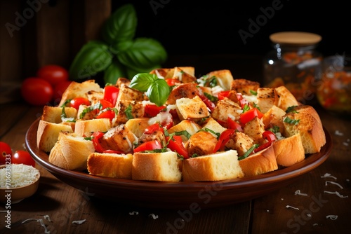Appetizing Tasty Panzanella Salad with Fresh Ingredients for Restaurant Menu and Copy Space for Text