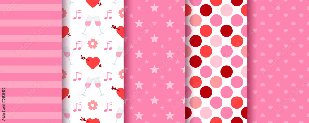Valentine's day backgrounds. Seamless pattern. Packing paper with hearts, stripes, circles and star. Pink red textile prints. Set love textures. Collection festive backdrops. Vector illustration