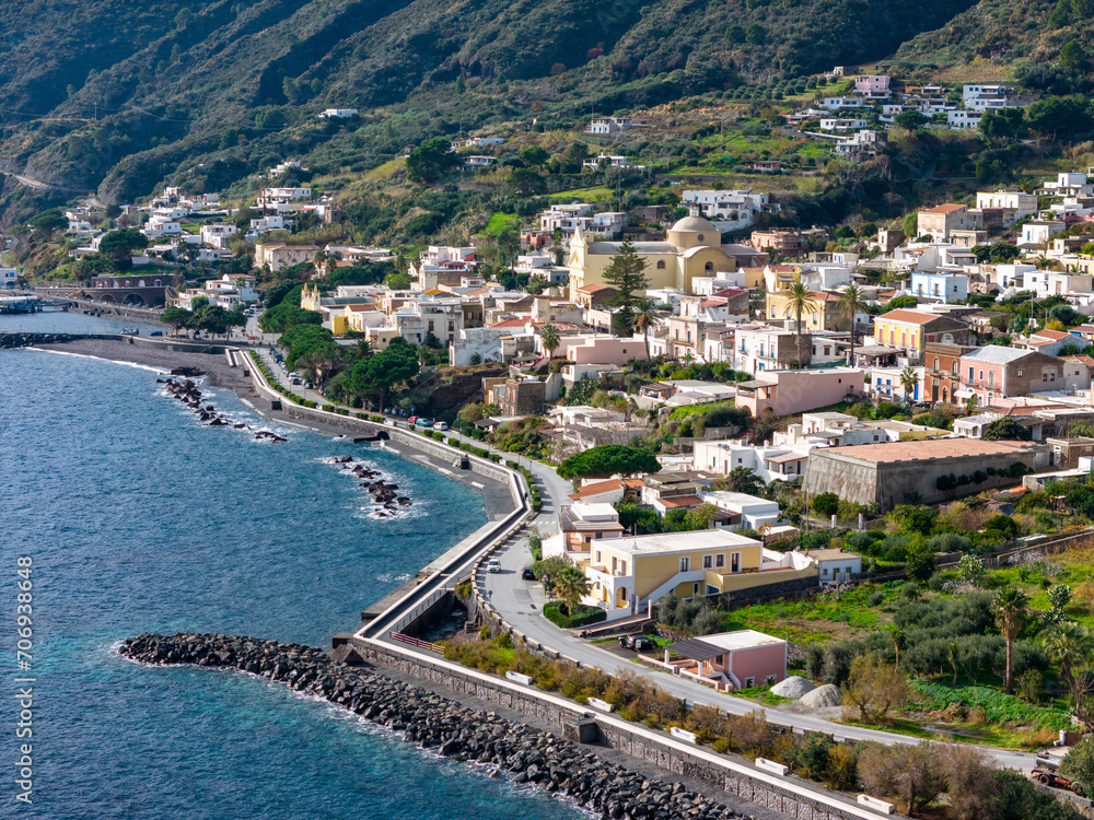 Aerial View of Salina Island. City of  Santa Marina Salina. Lipari Eolie Islands,Tyrrhenian Sea. Sicily, Italy.