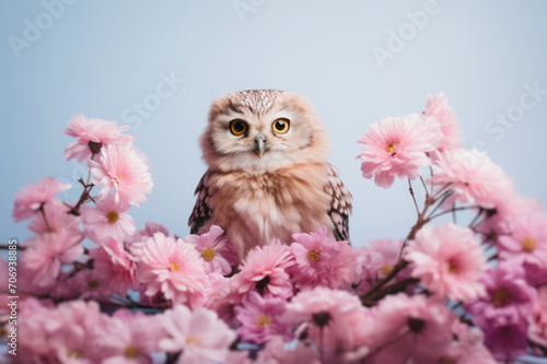 A close up of a small owl perched among pink flowers against a pale blue background. For card, postcard, poster, banner.