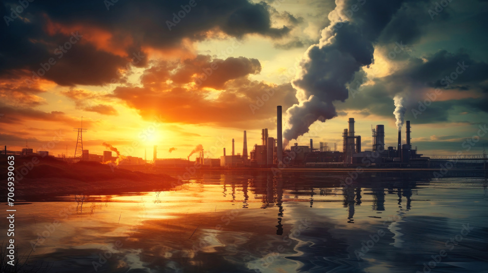 Aerial view of tall chimneys of a coal power plant with black smoke rising up polluting the atmosphere at sunrise. Aerial view of tall chimneys of a coal power plant with black smoke rising up polluting the atmosphere at sunrise.