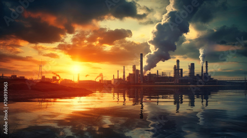 Aerial view of tall chimneys of a coal power plant with black smoke rising up polluting the atmosphere at sunrise.