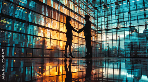 Two People Holding Hands in Front of a Large Window. Silhouettes of people. Love in the modern world. Business relations.