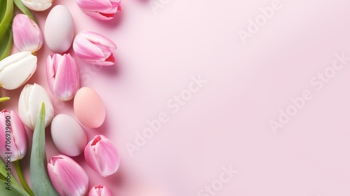 Flatlay top view of multicolored tulips and eggs on a pastel pink background with a copy space. Spring, Easter, flowers concepts. © liliyabatyrova