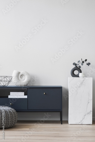 View of modern scandinavian style interior with commode and trendy vase, Home staging and minimalism concept