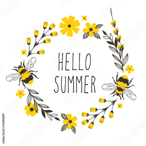 Round frame with bees and yellow flowers, isolate on a white background. Vector graphics.