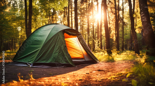 A Tent Pitched Up in the Woods. Hiking and outdoor recreation. © Anoo
