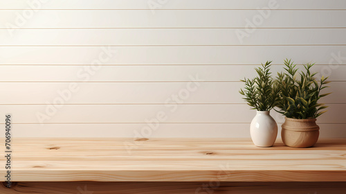 Empty wood table top and white wall for product display mock up background, template
