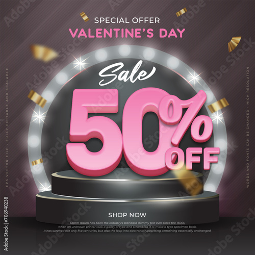 Square banner fifty percent for valentine's day sale