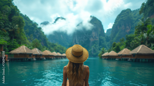Rear view of woman wearing a straw hat on a boat in the sea outside a beautiful island resort © เลิศลักษณ์ ทิพชัย