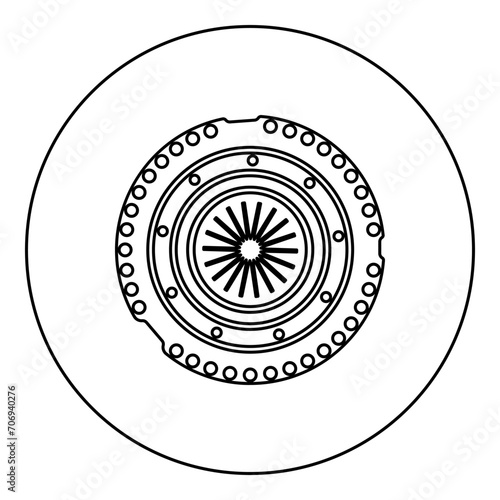 Car clutch basket cover cohesion transmission auto part plate kit repair service icon in circle round black color vector illustration image outline contour line thin style