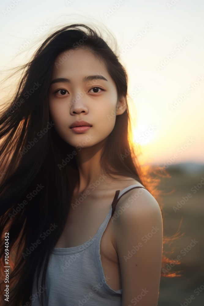 Portrait of a beautiful young Asian girl wearing casual clothes and posing for a photo in the soft evening sunlight before sunset. Portrait of a beautiful young Asian girl wearing casual clothes and posing for a photo in the soft evening sunlight before sunset.