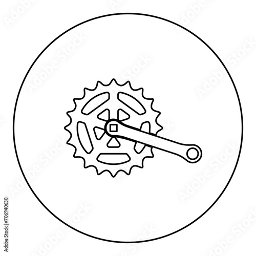 Crankset cogwheel sprocket crank length with gear for bicycle cassette system bike icon in circle round black color vector illustration image outline contour line thin style