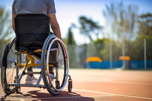 Disabled man in a wheelchair with a basketball. Basketball court. Sports for people with disabilities. Active life.