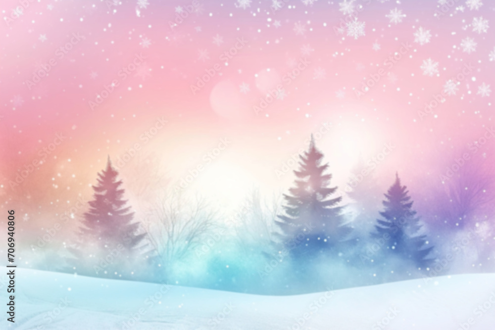 Abstract gradient background with snowy trees, pastel colors. Winter, snow theme. Peaceful and versatile backdrop for any creative project or design. Pink, blue, soft hues.