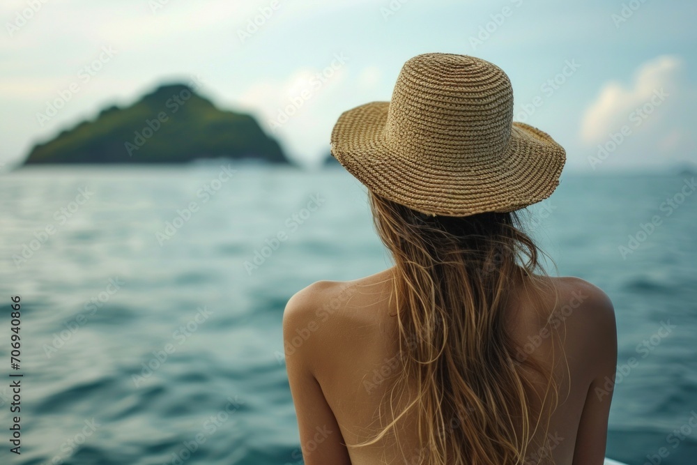 Rear view of woman wearing a straw hat on a boat in the sea outside a beautiful island resort
