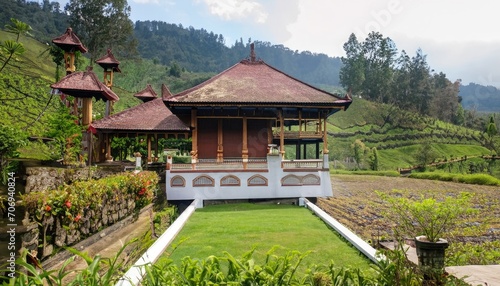 Villa with Minangkabau house or Rumah Gadang style in a beautiful landscape view photo
