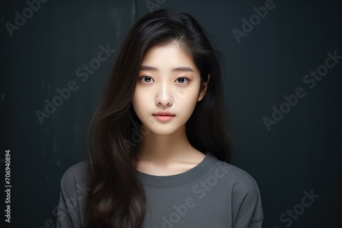 A beautiful Asian teenage girl poses for a straight-faced photo in a studio against a black backdrop.