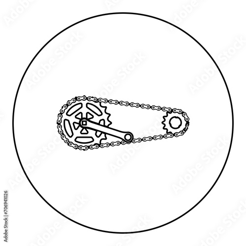 Chain bicycle link bike motorcycle two element crankset cogwheel sprocket crank length with gear for bicycle cassette system bike icon in circle round black color vector illustration image outline 
