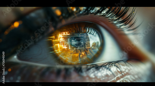 A close-up of a human eye with a future-themed cybernetic implant photo