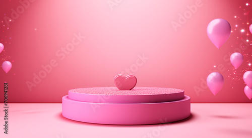 Pink podium stage with hearts on pink background. Valentine's day concept banner. For greeting card