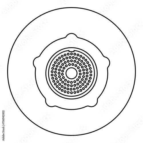 Grate for meat grinder plate mincer device for growing shallow of meat lattice with nut screw female screw pawl stop latch holder icon in circle round black color vector illustration image outline 