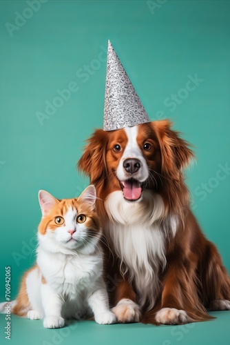 Happy cat and dog Wearing Party Hat for Festive Birthday Celebration with Copy Space. Vertical © chelmicky