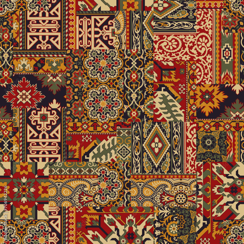 Caucasian style antique rug motifs patchwork wallpaper abstract vector seamless pattern for shirt fabric wrapping carpet rug tablecloth pillow Caucasian style antique rug motifs patchwork wallpaper abstract vector seamless pattern for shirt fabric wrapping carpet rug tablecloth pillow