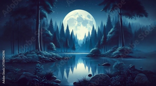 a painting of a moonlit forest with trees and water © K4VEE