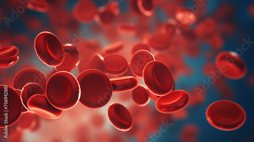 Red blood cells on blue background 