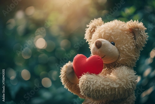 Tender moment captured as a teddy bear shares a loving gesture with a heart © Teddy Bear