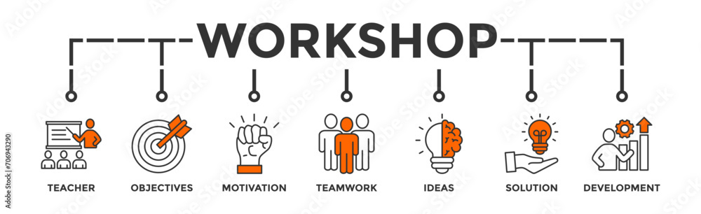 Workshop banner web icon vector illustration concept with icon of teacher, objectives, motivation, teamwork, ideas, solution, and development Workshop banner web icon vector illustration concept with icon of teacher, objectives, motivation, teamwork, ideas, solution, and development