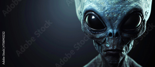 Potrait of an alien on the dark background. Wide screen wallpaper. copy space. © Jaroslaw