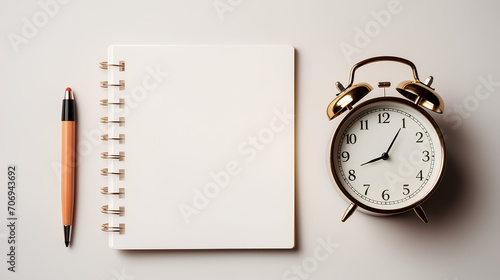 Open notepad with a pen and alarm clock on the white background photo